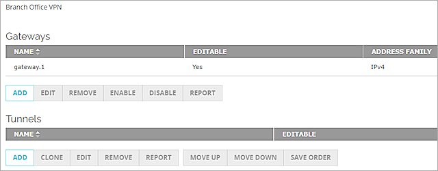 Screen shot of the Gateways and Tunnels lists